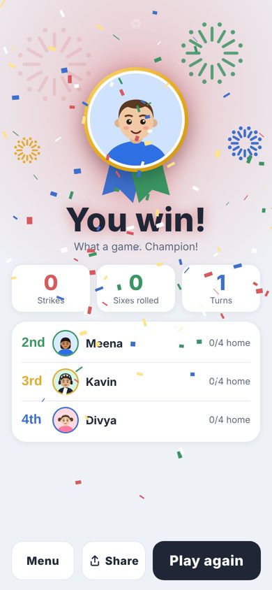 Lapral Ludo winning screen with fireworks
